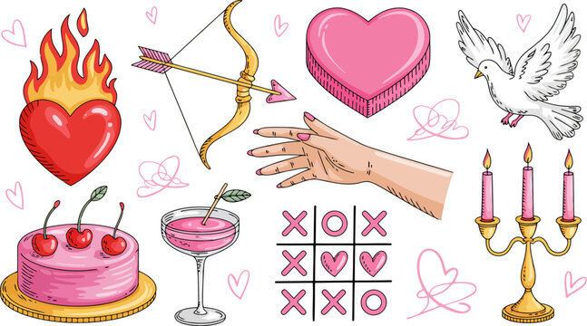 Valentine's Day romantic symbols including a flaming heart a bow and arrow a dove a cake 