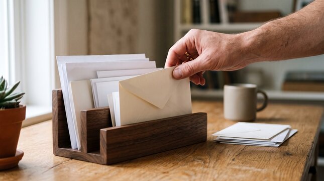 Hand selecting an envelope from a wooden mail sorter on a rustic table