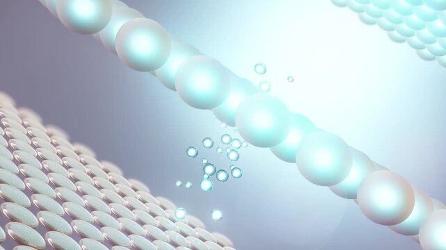 3D animation of a blue serum droplet absorbing into skin layers and exploding into moisture particles. Visualization of cellular rejuvenation, skin plumping, and deep hydration.