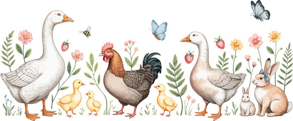 Obraz premium Watercolor farm animals including geese chickens chicks rabbit butterflies flowers strawberries 