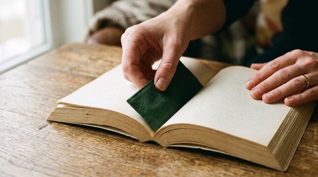 Close-up of a hand placing a green bookmark into an open book