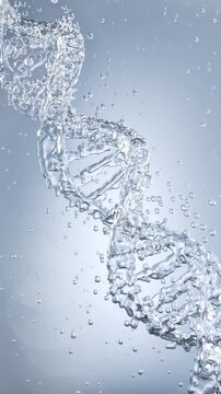 Vertical 3D animation of blue liquid droplets and water splashes forming into a DNA double helix structure. Premium cosmetic ingredient and bio-technology concept.