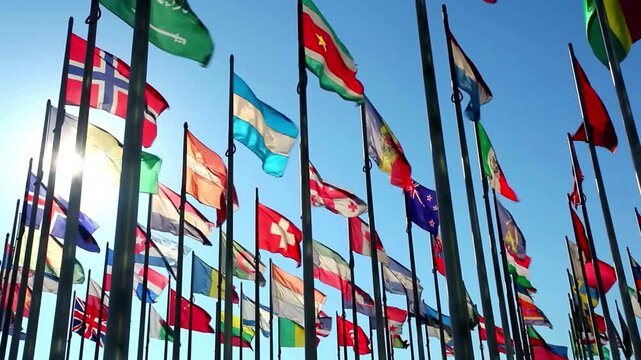 Colorful collection of international flags waving against clear blue sky background