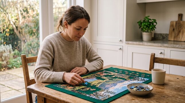 Woman concentrating on assembling a jigsaw puzzle at a wooden table
