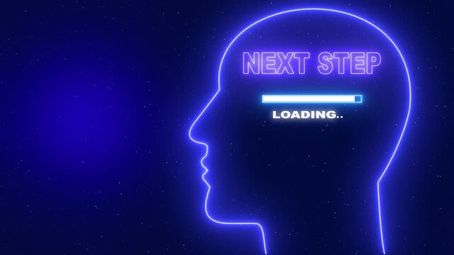 Neon blue outline of a human head profile with the word Next Step and a loading bar on a dark blue starry background