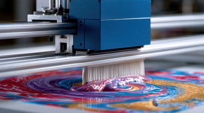 Industrial printer head applying vibrant colorful ink patterns onto a flat fabric surface