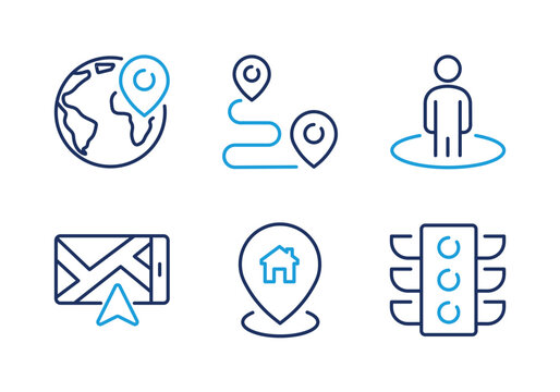 Global Location and Travel Route thin line icon set. Minimal web icons