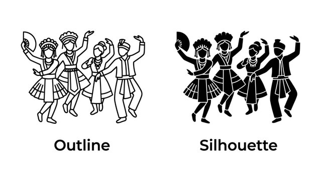 Traditional Dancers in Outline and Silhouette: Two distinct styles, an outline and a silhouette, showcase a group of dancers in traditional attire, captured in mid-performance.