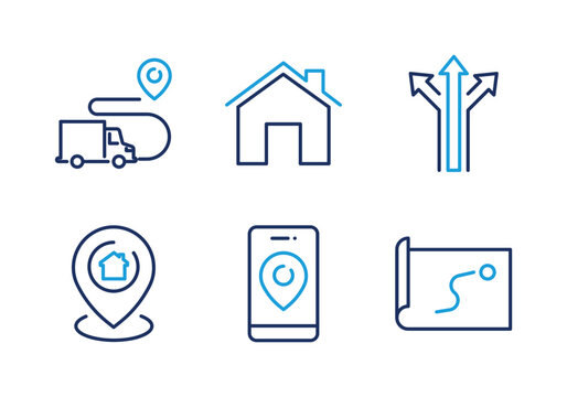 Delivery Service and Location Map thin line icon set. Minimal web icons