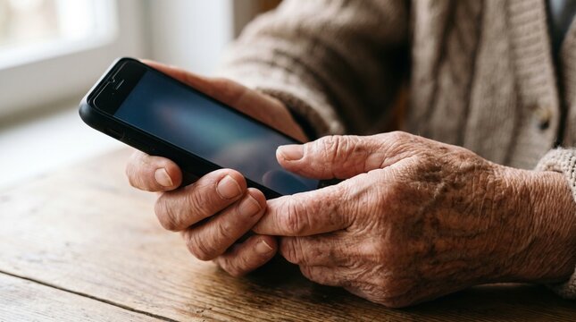 Close-up of elderly hands holding a smartphone and interacting with the screen