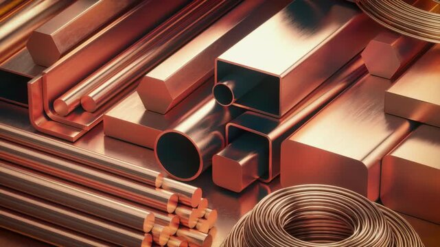 Copper tubes and different profiles in warehouse background. Different copper metal products.