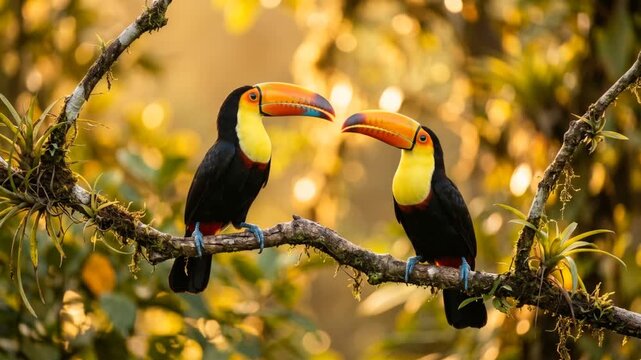 two tropical keel billed toucans playing on branch with soft bokeh light