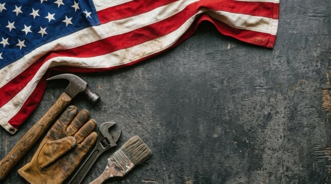 Happy labor day background featuring a united states flag with various construction tools on a dark rustic wooden surface