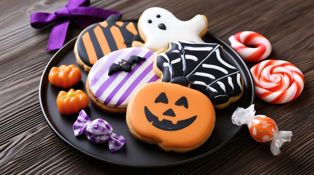 Assorted Halloween cookies and candies on a black plate. Festive treats in pumpkin, ghost, bat, and spider web shapes. Bright holiday sweets for party decoration and celebration.