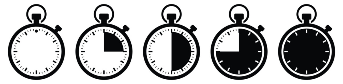 Set of five stopwatch icons representing time measurement progress from empty to full with digital clock.