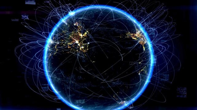 Global satellite network connections showing illuminated earth cities with fiber optic lines