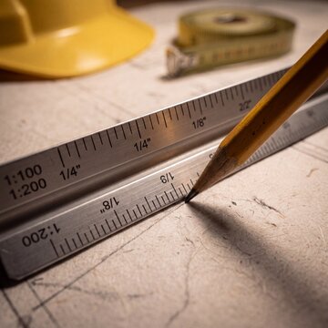 Architectural scale ruler and pencil on construction blueprint