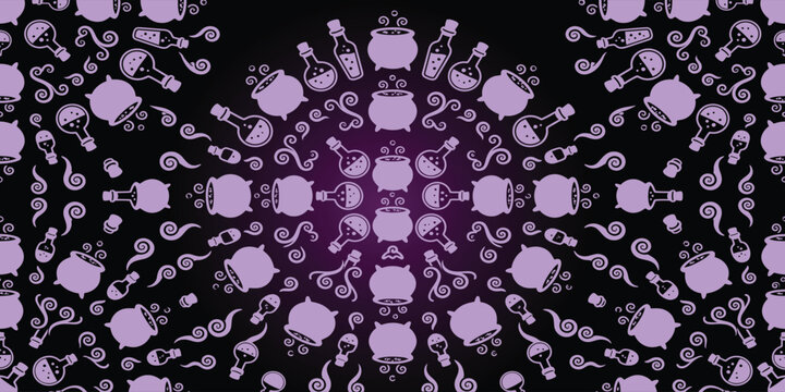 Magical halloween pattern with potions and cauldrons in purple, cauldron