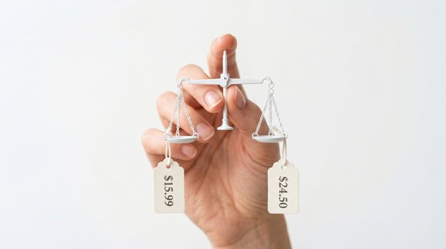 Hand holding a small balance scale weighing price tags of $15.99 and $24.50, symbolizing price comparison or value assessment.
