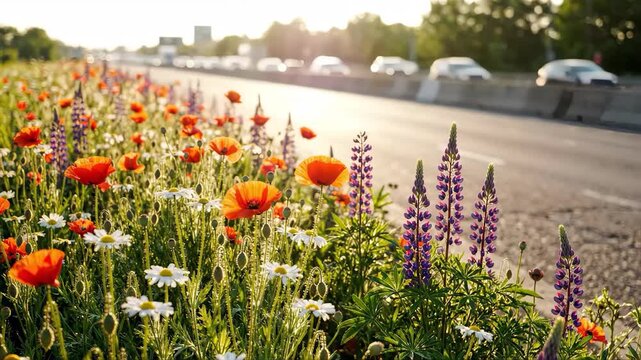 Colorful Roadside Wildflowers Swaying in the Summer Breeze Beside the Highway for Nature Blogs, Travel Articles, Outdoor Awareness Campaigns, and Scenic Photography Promotions