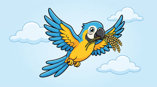 Cute parrot cartoon mascot vector illustration with bold outlines flying in sky with clouds holding rice stalk
