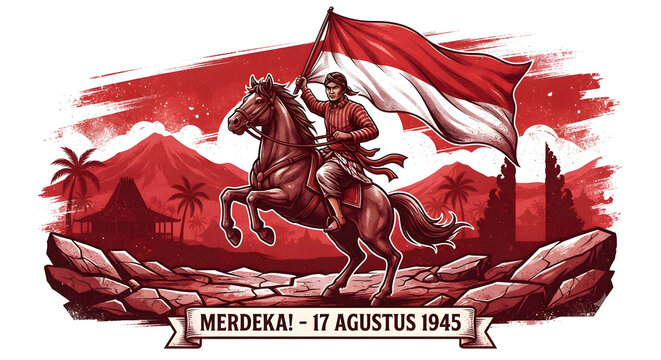 Vector illustration of an Indonesian freedom fighter riding a horse while waving the national flag. Red themed banner for Independence Day with mountain, traditional gate, and Merdeka text