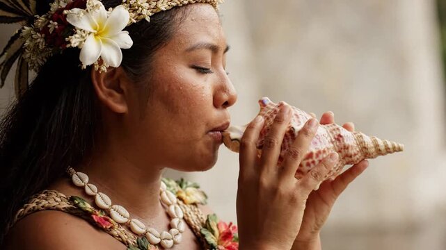 Close-up of a serene polynesian woman blowing a large conch shell horn outdoors in warm daylight.