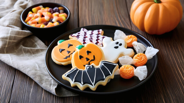 Halloween themed sugar cookies and candies on a black plate, with a pumpkin and assorted sweets in the background. Festive holiday treats on wooden table.