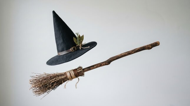 Floating Black Witch Hat and Rustic Wooden Broomstick on Minimalist Wall Background