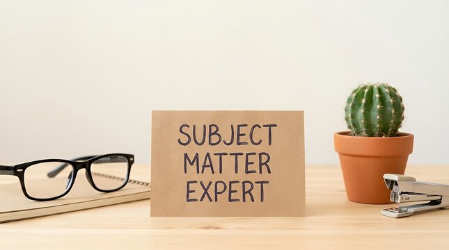 SUBJECT MATTER EXPERT words on brown paper with glasses cactus and stapler on light background representing expertise and knowledge subject matter expert - words on brown paper on a light background