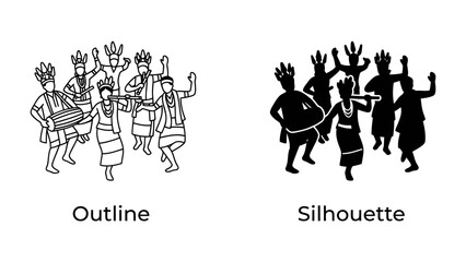 Cultural Dance Performance: A visual representation of a traditional dance with two styles, outline and silhouette. © Ajhar234