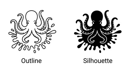 Octopus Design Set: A stylized octopus in both outline and silhouette forms, surrounded by dynamic water splashes, perfect for graphic design projects. © Ajhar234