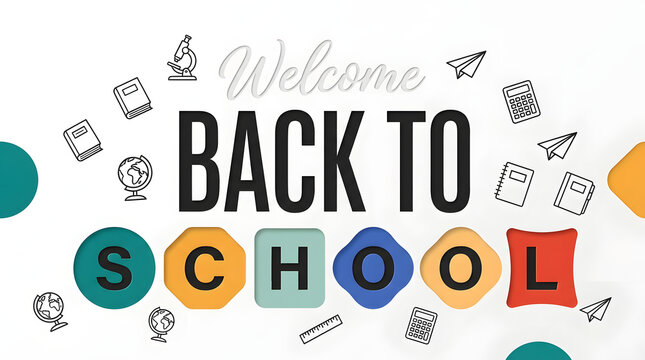 Colorful welcome back to school sign design with education icons education learning classroom