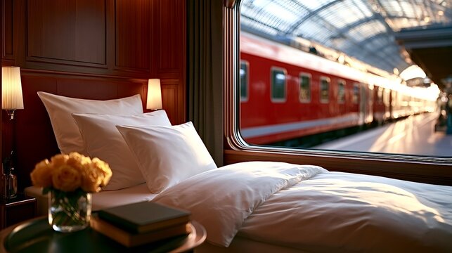 Luxury sleeper car cabin interior at train station