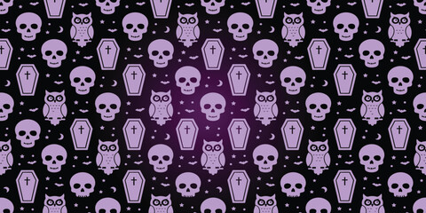 Fototapeta premium Seamless halloween pattern with skulls coffins and owls halloween seamless