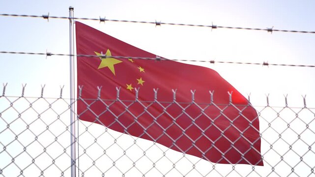Flag of China behind barbed wire fence. Emigration and Immigration concept, 3d animation