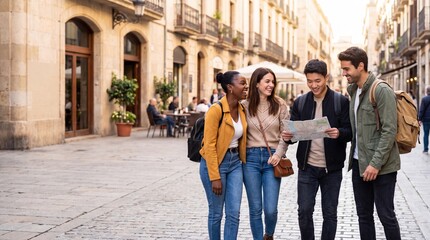 Obraz premium Group of diverse young adults exploring city streets while looking at a map, outdoor cafes and historic buildings in the background