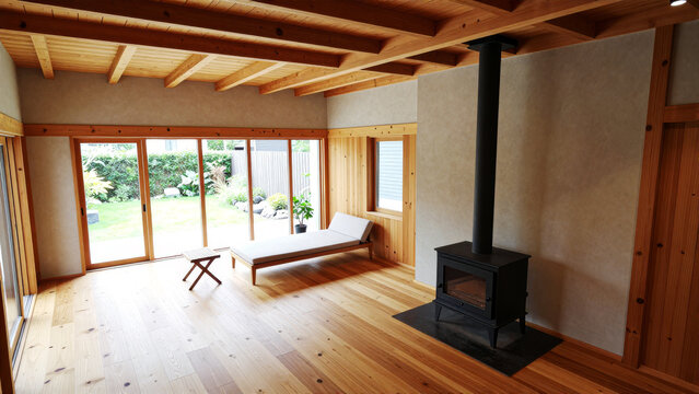 リビングインテリアと、薪ストーブのある開放的な平屋住宅と中庭