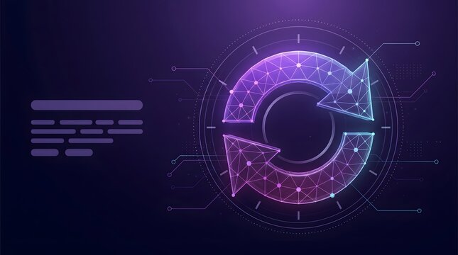 Glowing Neon Sync Arrows Symbolizing System Updates and Data Processing Loop