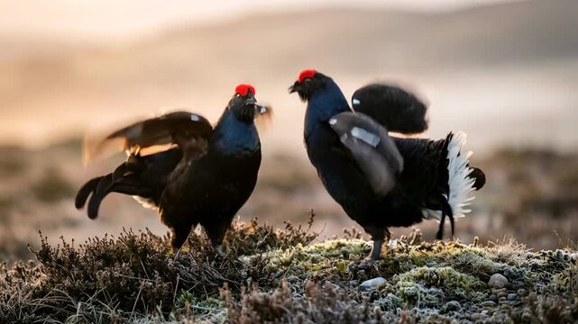 two grouse close up at morning light in scottish highlands uk video