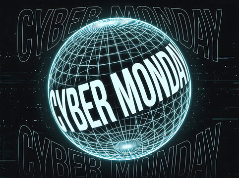 Cyber monday text on glowing blue digital wireframe globe tech background