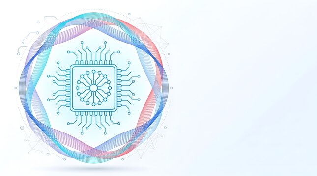 Central Microchip Processor Icon Surrounded by Dynamic Data Flow Waves