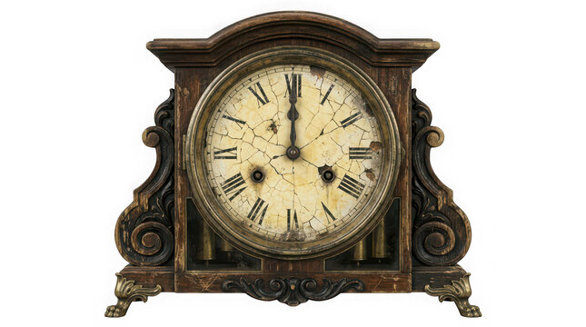 Vintage antique mantel clock isolated on black background for halloween png graphic design and spooky holiday decor projects