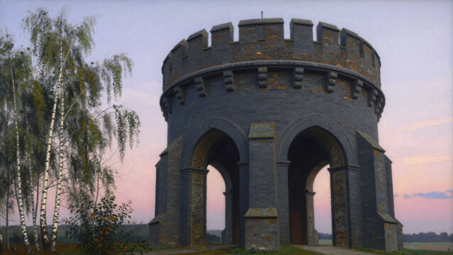 Medieval Style Brick Water Tower at Dusk Painting