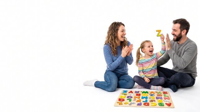 Happy family celebrating learning with alphabet puzzle and high fives on white background Silhouette