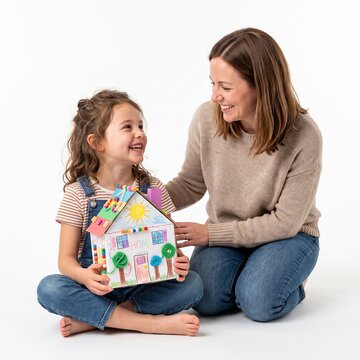 Mother and Daughter Enjoying Crafting a Handmade Cardboard House Together Indoors Silhouette