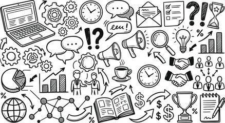 Hand drawn business and technology doodles set featuring icons of communication strategy finance and office work elements © Humayra