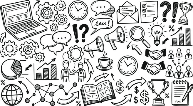 Hand drawn business and technology doodles set featuring icons of communication strategy finance and office work elements