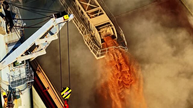 Riga, Latvia - 26 August 2025: Aerial view of a crane loading bulk grain into a cargo ship hold, creating a large dust cloud at the port.