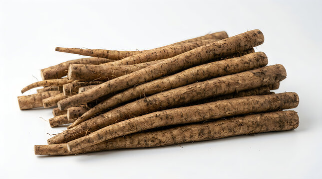 Fresh brown burdock roots stacked on white background
